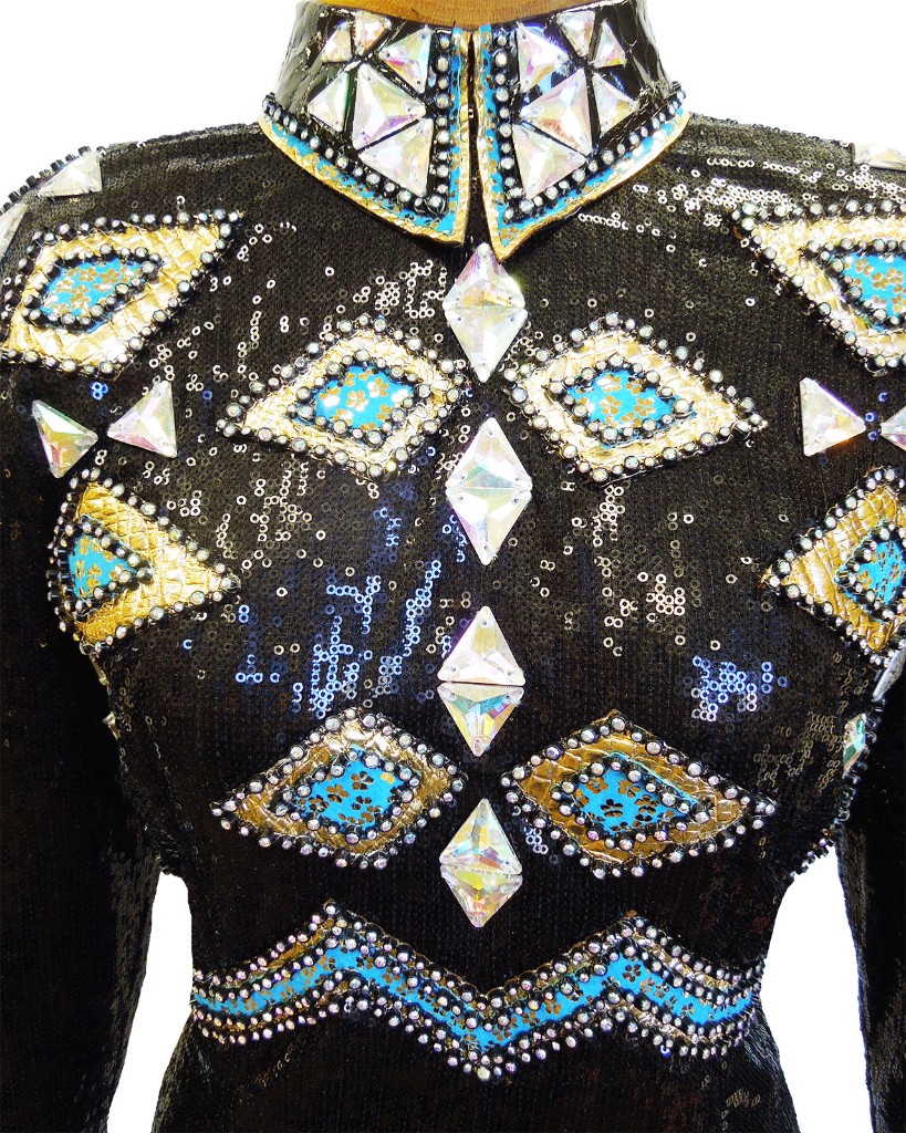 Diamond back zip shirt in black sequins and turquoise/ gold trim-$3,195 ...